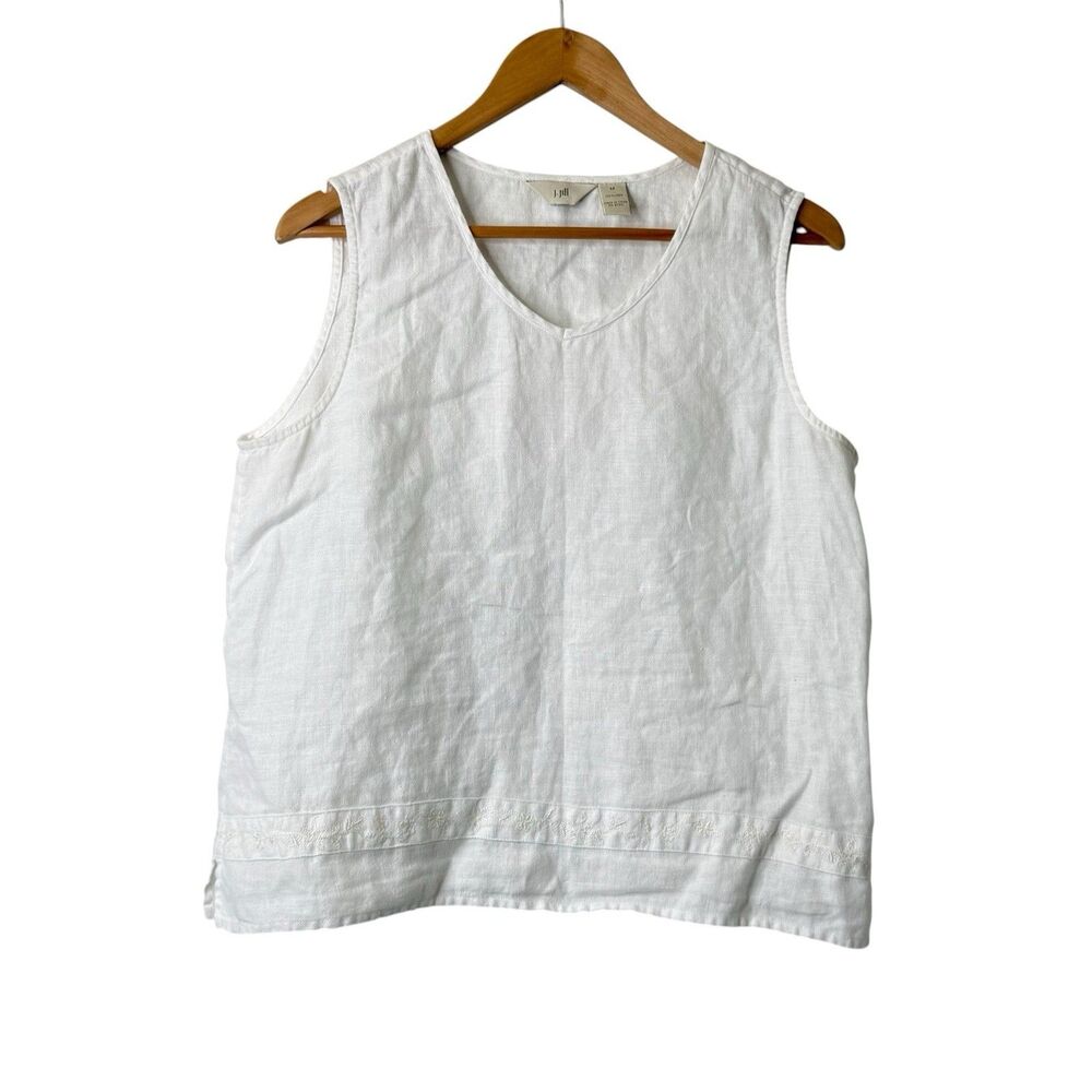 J Jill 100% Linen White V Neck Tank Top Size M Embroidered Coastal Lagenlook